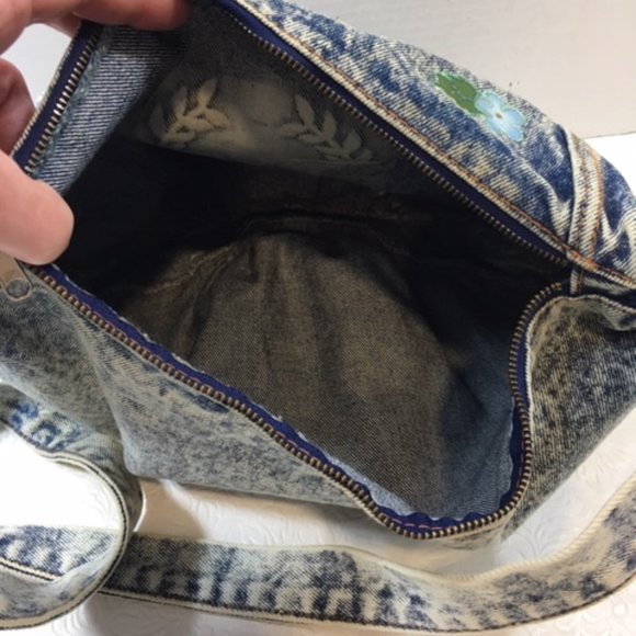 Floral Applique Glitter Denim Jean Crossbody Shoulder Bag Handmade - Picture 9 of 9